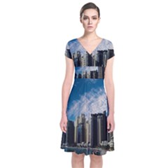 Skyscraper City Architecture Urban Short Sleeve Front Wrap Dress by Celenk