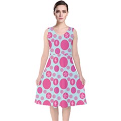 Blue Retro Dots V-neck Midi Sleeveless Dress  by snowwhitegirl