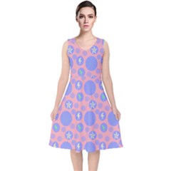 Pink Retro Dots V-neck Midi Sleeveless Dress  by snowwhitegirl