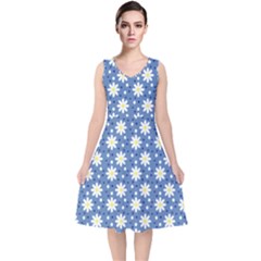 Daisy Dots Blue V-neck Midi Sleeveless Dress  by snowwhitegirl