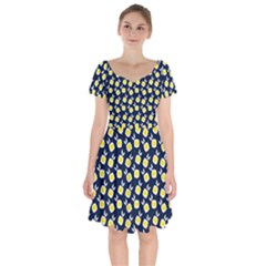 Square Flowers Navy Blue Short Sleeve Bardot Dress by snowwhitegirl