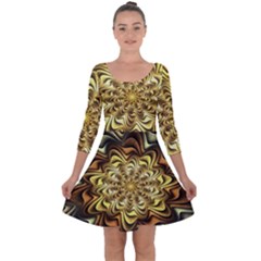 Fractal Flower Petals Gold Quarter Sleeve Skater Dress by Nexatart