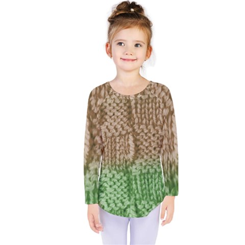 Knitted Wool Square Beige Green Kids  Long Sleeve Tee by snowwhitegirl