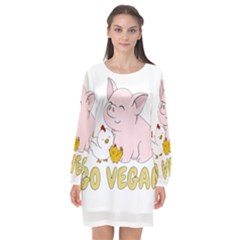 Go Vegan - Cute Pig And Chicken Long Sleeve Chiffon Shift Dress  by Valentinaart