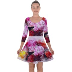 Flowers Roses Wedding Bouquet Art Quarter Sleeve Skater Dress by Nexatart