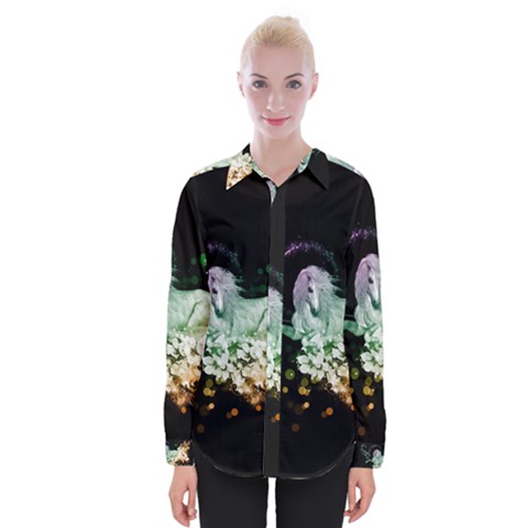 Wonderful Unicorn With Flowers Womens Long Sleeve Shirt by FantasyWorld7