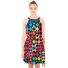 Colorful Rhombus And Triangles                         Halter Collar Waist Tie Chiffon Dress by LalyLauraFLM