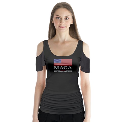 Maga Make America Great Again With Us Flag On Black Butterfly Sleeve Cutout Tee  by snek