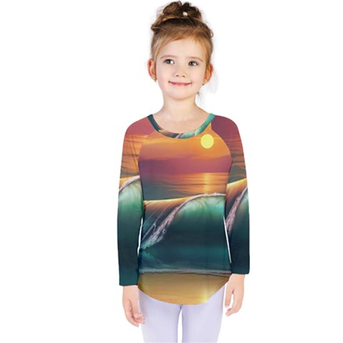 Art Sunset Beach Sea Waves Kids  Long Sleeve Tee by Sapixe