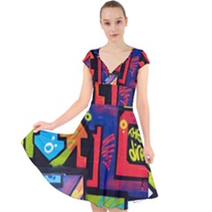 Urban Graffiti Movie Theme Productor Colorful Abstract Arrows Cap Sleeve Front Wrap Midi Dress by genx