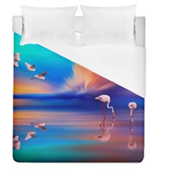 Flamingo Lake Birds In Flight Sunset Orange Sky Red Clouds Reflection In Lake Water Art Duvet Cover (queen Size) by Sapixe