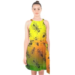 Insect Pattern Halter Collar Waist Tie Chiffon Dress by Sapixe