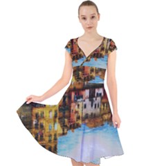 Architecture Art Blue Cap Sleeve Front Wrap Midi Dress by Modern2018