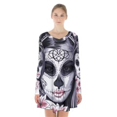 Sugar Skull Long Sleeve Velvet V-neck Dress by StarvingArtisan