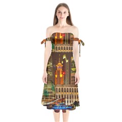 Shanghai Skyline Architecture Shoulder Tie Bardot Midi Dress by Simbadda