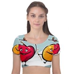 Dancing Fruit Apple Organic Fruit Velvet Short Sleeve Crop Top  by Simbadda