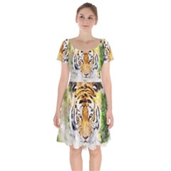 Tiger Watercolor Colorful Animal Short Sleeve Bardot Dress by Simbadda