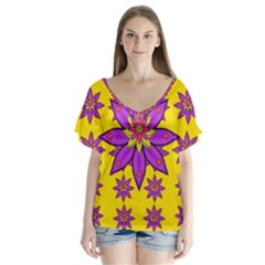 Fantasy Big Flowers In The Happy Jungle Of Love V-neck Flutter Sleeve Top by pepitasart