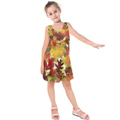 Autumn Fall Leaves Kids  Sleeveless Dress by LoolyElzayat