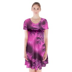 Fractal Artwork Pink Purple Elegant Short Sleeve V-neck Flare Dress by Sapixe