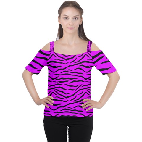 Hot Neon Pink And Black Tiger Stripes Cutout Shoulder Tee by PodArtist