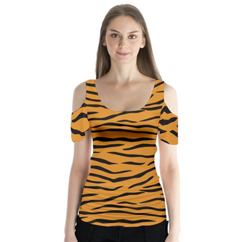 Orange And Black Tiger Stripes Butterfly Sleeve Cutout Tee  by PodArtist