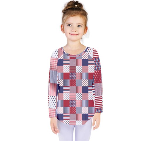 Usa Americana Patchwork Red White & Blue Quilt Kids  Long Sleeve Tee by PodArtist