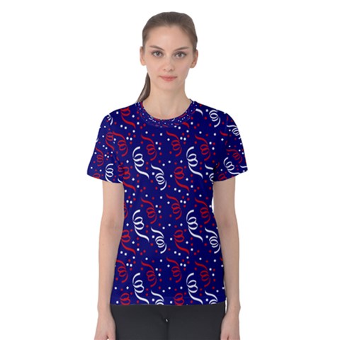 Red White And Blue Usa/uk/france Colored Party Streamers On Blue Women s Cotton Tee by PodArtist