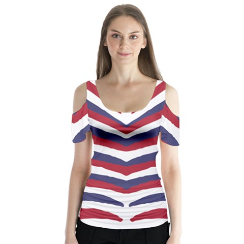 Us United States Red White And Blue American Zebra Strip Butterfly Sleeve Cutout Tee  by PodArtist