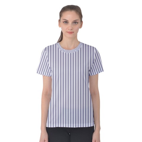 Mattress Ticking Narrow Striped Pattern In Usa Flag Blue And White Women s Cotton Tee by PodArtist