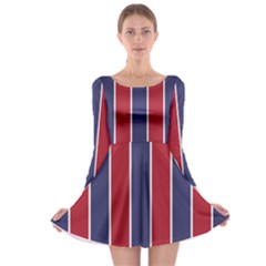 Large Red White And Blue Usa Memorial Day Holiday Vertical Cabana Stripes Long Sleeve Skater Dress by PodArtist