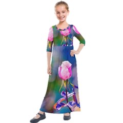 Pink Rose Flower Kids  Quarter Sleeve Maxi Dress by FunnyCow