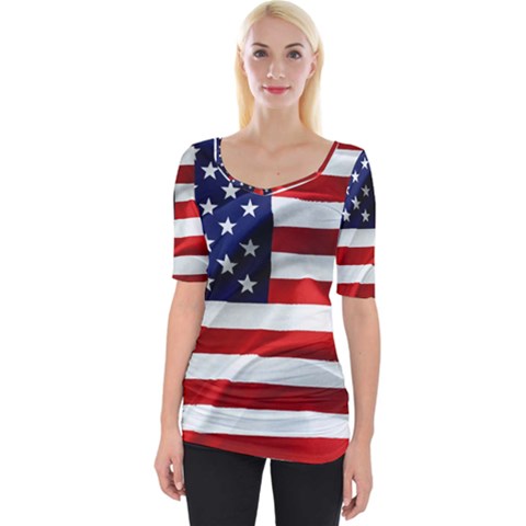 American Usa Flag Wide Neckline Tee by FunnyCow