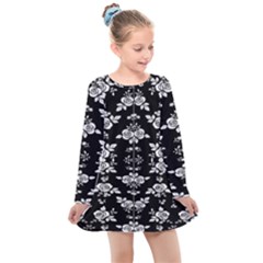 Black And White Florals Background  Kids  Long Sleeve Dress by flipstylezfashionsLLC