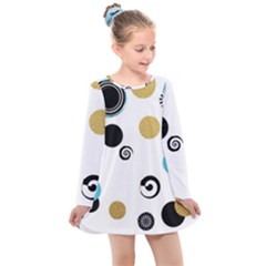 Fun Retro Blue Gold Circles  Kids  Long Sleeve Dress by flipstylezfashionsLLC