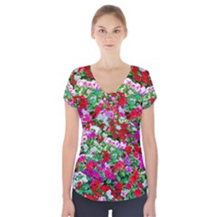 Colorful Petunia Flowers Short Sleeve Front Detail Top by FunnyCow