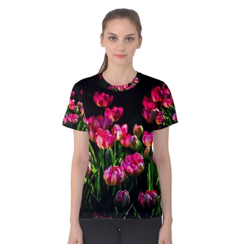 Pink Tulips Dark Background Women s Cotton Tee by FunnyCow