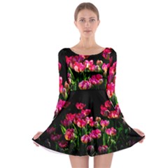 Pink Tulips Dark Background Long Sleeve Skater Dress by FunnyCow