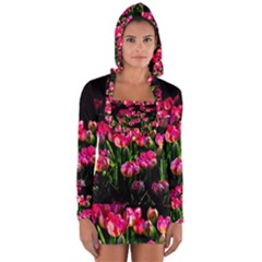 Pink Tulips Dark Background Long Sleeve Hooded T-shirt by FunnyCow