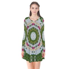 Fantasy Jasmine Paradise Love Mandala Long Sleeve V-neck Flare Dress by pepitasart