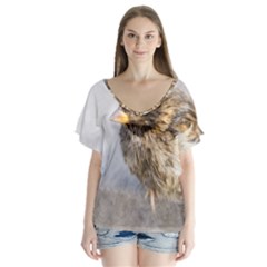 Funny Wet Sparrow Bird V-neck Flutter Sleeve Top by FunnyCow