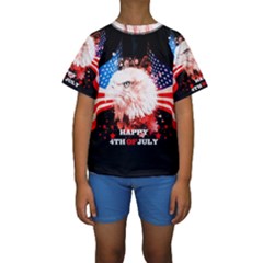 Independence Day, Eagle With Usa Flag Kids  Short Sleeve Swimwear by FantasyWorld7