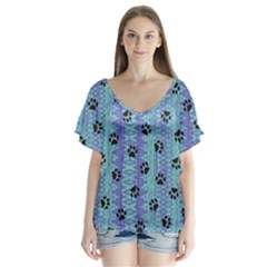 Footprints Cat Black On Batik Pattern Teal Violet V-neck Flutter Sleeve Top by EDDArt