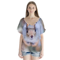 Squirrel Looks At You V-neck Flutter Sleeve Top by FunnyCow