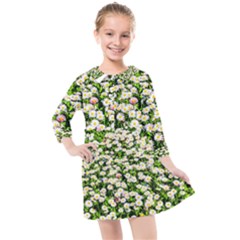 Green Field Of White Daisy Flowers Kids  Quarter Sleeve Shirt Dress by FunnyCow