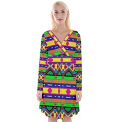 Distorted Colorful Shapes And Stripes                                            Long Sleeve Front Wrap Dress by LalyLauraFLM