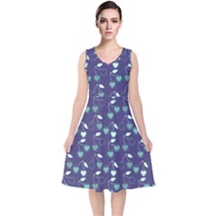 Heart Cherries Blue V-neck Midi Sleeveless Dress  by snowwhitegirl