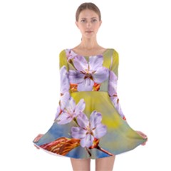 Sakura Flowers On Yellow Long Sleeve Skater Dress by FunnyCow