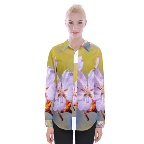 Sakura Flowers On Yellow Womens Long Sleeve Shirt by FunnyCow