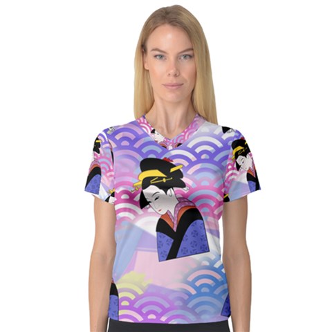 Japanese Abstract Blue V-neck Sport Mesh Tee by snowwhitegirl